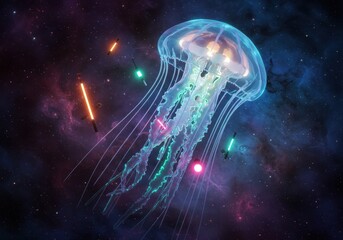 Naklejka premium Glowing jellyfish in space neon lights