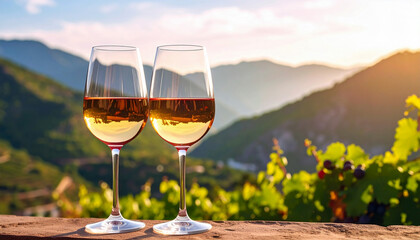 glass of white wine on mountains background