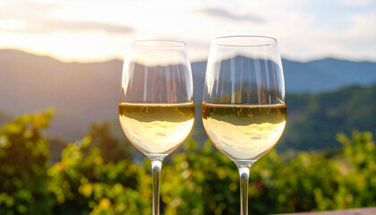 glass of white wine on mountains background
