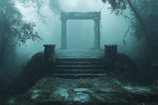 Misty stone gate sits at the top of aged stairs in a dim, magical forest. Use for spooky stories, fantasy novels, or mysterious travel blog posts.