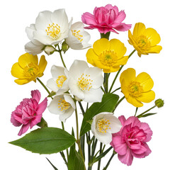 Colorful bouquet of vibrant yellow white and pink flowers with green leaves