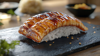 
A piece of nigiri sushi features a glossy, grilled eel (unagi/anago) elegantly draped over a bed of rice, presented on a black slate.