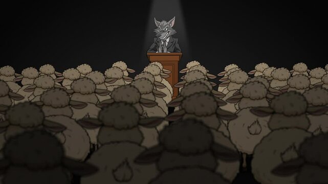 Political Cartoon Sheep Cheering for a Wolf