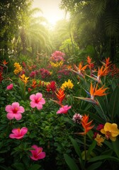 Vibrant Tropical Garden with Blooming Hibiscus and Bird of Paradise Flowers