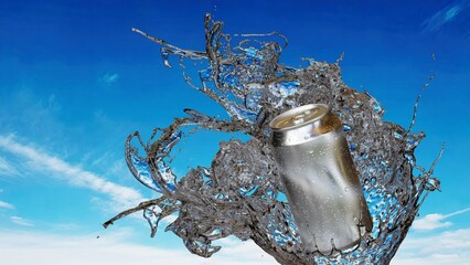 アルミ缶と弾ける水しぶきと青空の3Dイラスト