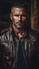 Obraz premium A serious male model in a brown leather jacket.