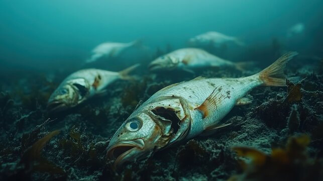 Dead fish lie amongst seaweed-covered seabed.  A disturbing underwater scene of marine life demise.  Pollution or disease likely cause