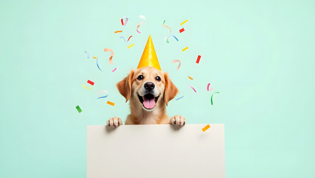 A joyful golden retriever dog wearing a festive party hat enjoying celebration surrounded by colorful confetti in a cheerful atmosphere.