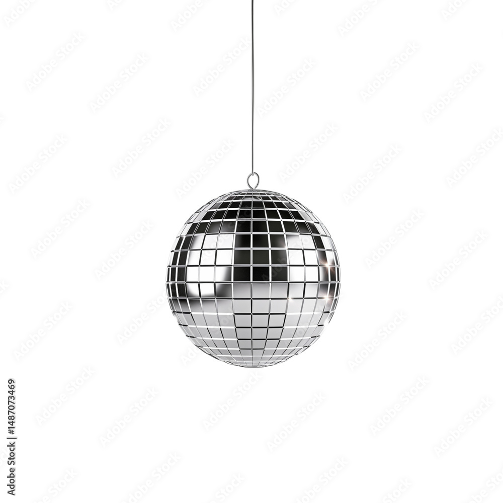Poster a shiny disco ball hanging from a string against a black background casting reflections and light ef