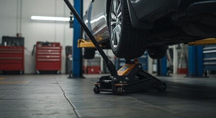 Fototapeta premium Car Raised on Jack in Garage Tire Visible Workshop Tools in Background