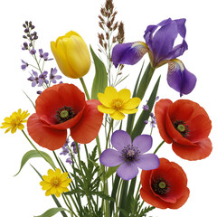 Vibrant spring flowers bouquet with tulips poppies and irises for decor enthusiasts