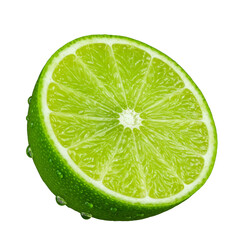 Fresh green lime slice with droplets on dark background for fresh taste