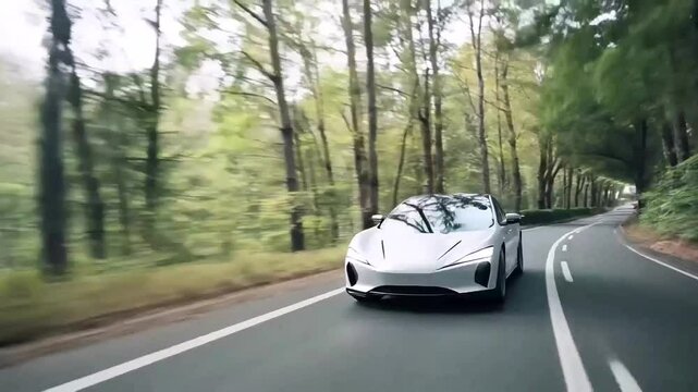 A futuristic EV car running in the forest with motion blur and copy space. Sustainable concept.