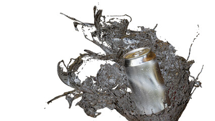 アルミ缶と弾ける水しぶきの3Dイラスト