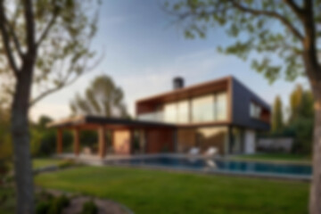 blurry wooden house with modern theme in the countryside with european style, surrounded by trees and green grass, blurry house background