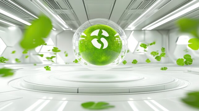 Futuristic display of a green sphere containing coffee beans within an environmentally-conscious space.