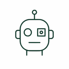 Outlined robot face with clean geometric features and one digital eye. Flat, vector-friendly design.