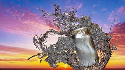 アルミ缶と弾ける水しぶきと朝日（夕日）の3Dイラスト