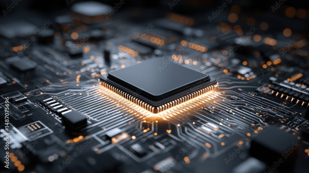 Poster high-resolution close-up of a microprocessor on a circuit board with glowing connections and detaile