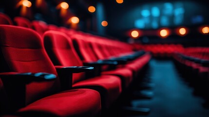 Empty red theater seats in a dimly lit auditorium.  Rows of comfortable seating, soft light, and a sense of anticipation for a movie