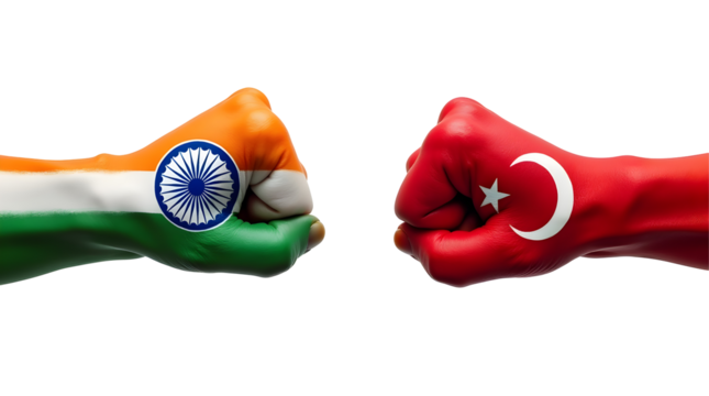 Boycott Two Hands punch Each Others On White Backgrounds, Country Flags Painted Fists, Conflict Crisis Concept Between India Turkey, Indian VS Turkish War Independence Day Fastival