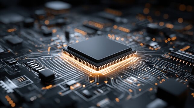 High-Resolution Close-Up of a Microprocessor on a Circuit Board with Glowing Connections and Detailed Electronic Components in a Dark Setting