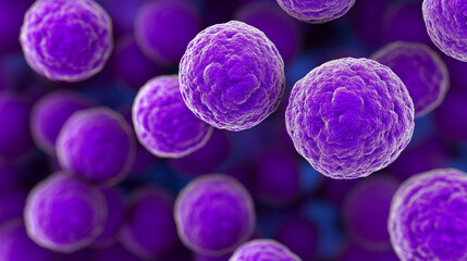 A cluster of spherical bacteria magnified under a microscope, revealing detailed textures and formations. The image highlights microbiological study and microscopic life forms.

