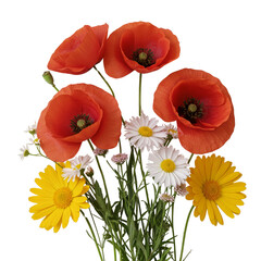 Vibrant bouquet of colorful wildflowers including poppies and daisies