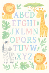 Watercolor alphabet chart with pastel safari animals including lion, giraffe, and zebra, surrounded by tropical leaves and soft jungle trees, perfect for nursery or classroom decor
