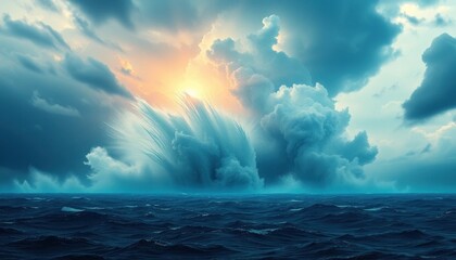 Dramatic Ocean Storm Clouds with Sunlight, Energy Burst