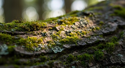 Closeup of Lush Green Moss on Tree Bark in a Serene Forest Environment with Soft Natural Light