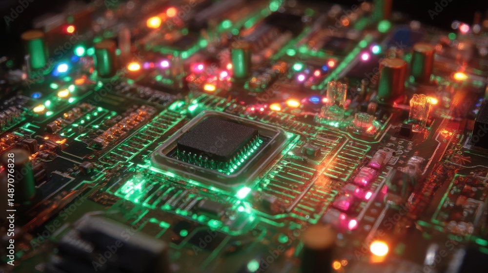 Poster close-up view of a colorful circuit board with glowing components and microchip, showcasing advanced