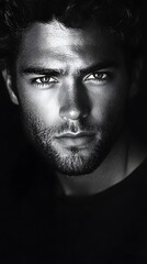 Fototapeta premium Close-up grayscale portrait of a man with intense gaze.