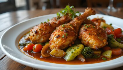 Fototapeta premium A delectable plate with three chicken legs and roasted vegetables in rich, savory sauce is served.