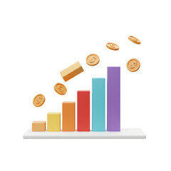 Colorful bar chart with flying dollar coins representing growth and success
