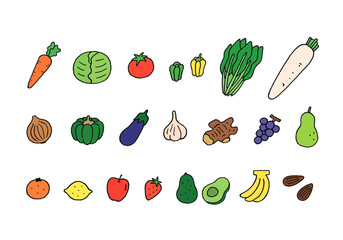 ビタミンを含む主な食べ物の手描きイラストセット