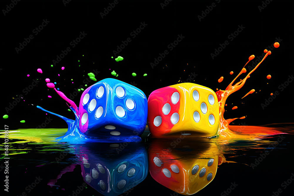 Poster colorful splashes of paint surround vibrant dice, creating a dynamic and playful scene