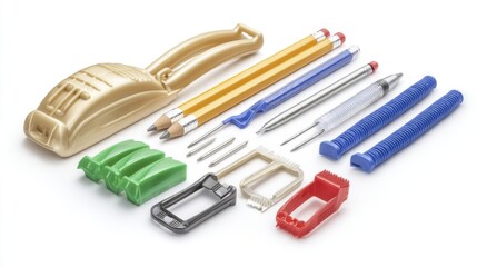 Plastic school equipment isolated on white background. Generative AI