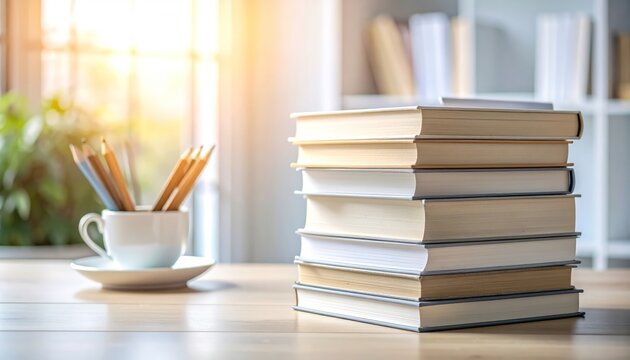 Stack of Hardcover Books on Wooden Desk with Soft Natural Light – Educational and Reading Background for Learning Concepts
