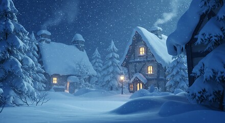 Snowy winter village at night