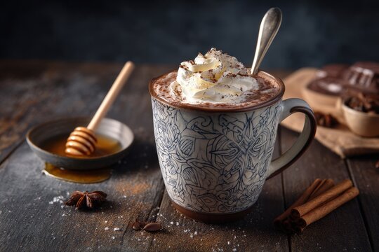 Cozy mug of hot chocolate with whipped cream.