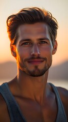 Close-up portrait of a man at sunset.