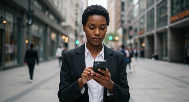 Confident Black Businesswoman Using Smartphone in Busy City Street, Urban Professional on the Go, Modern Technology and Communication