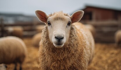 Obraz premium Close-up of a sheep in a barn setting.
