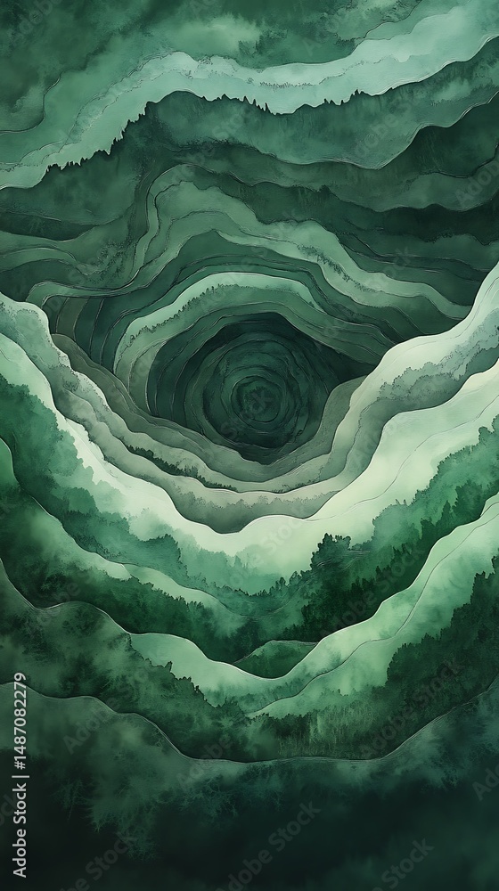 Poster deep forest green watercolor flowing circular waves with natural organic texture creating a unique b