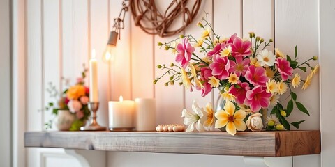 Soft candlelight illuminates spring blooms on rustic wooden shelf in bright white room, beautiful, image