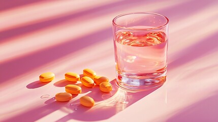 Pink Background, Glass of Water, Oval Yellow Tablets, Medication, Healthcare, Wellness, Vitamins, Supplements, Healthy Lifestyle, Pharmaceutical Industry, Medical Concept, Sunlit Scene, Pastel Colors,