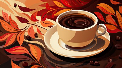 Obraz premium Cozy Autumn Coffee Cup Nestled Among Falling Leaves: A Warm and Relaxing Seasonal Drink Illustration with Rich Oranges and Browns 