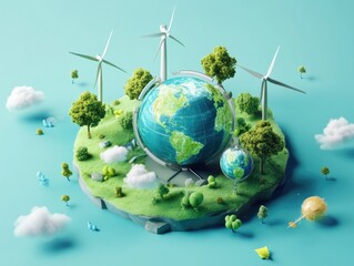 Naklejka premium Miniature earth surrounded by wind turbines, trees, and clouds, symbolizing sustainable energy.