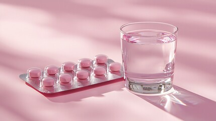 Pink Pills and Glass of Water on Pink Background Medical, Healthcare, Pharmacy, Wellness, Medication, Treatment, Medicine, Tablets, Capsules, Health, Drug, Pharmaceutical, Supplement, Remedy, Therapy,
